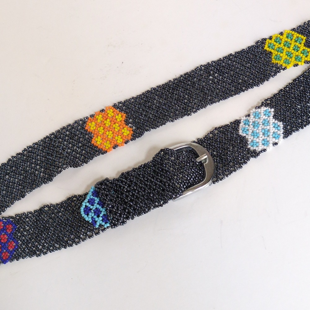 Southwestern Seed Bead Belt Native Black Geometric Floral Woven Beaded